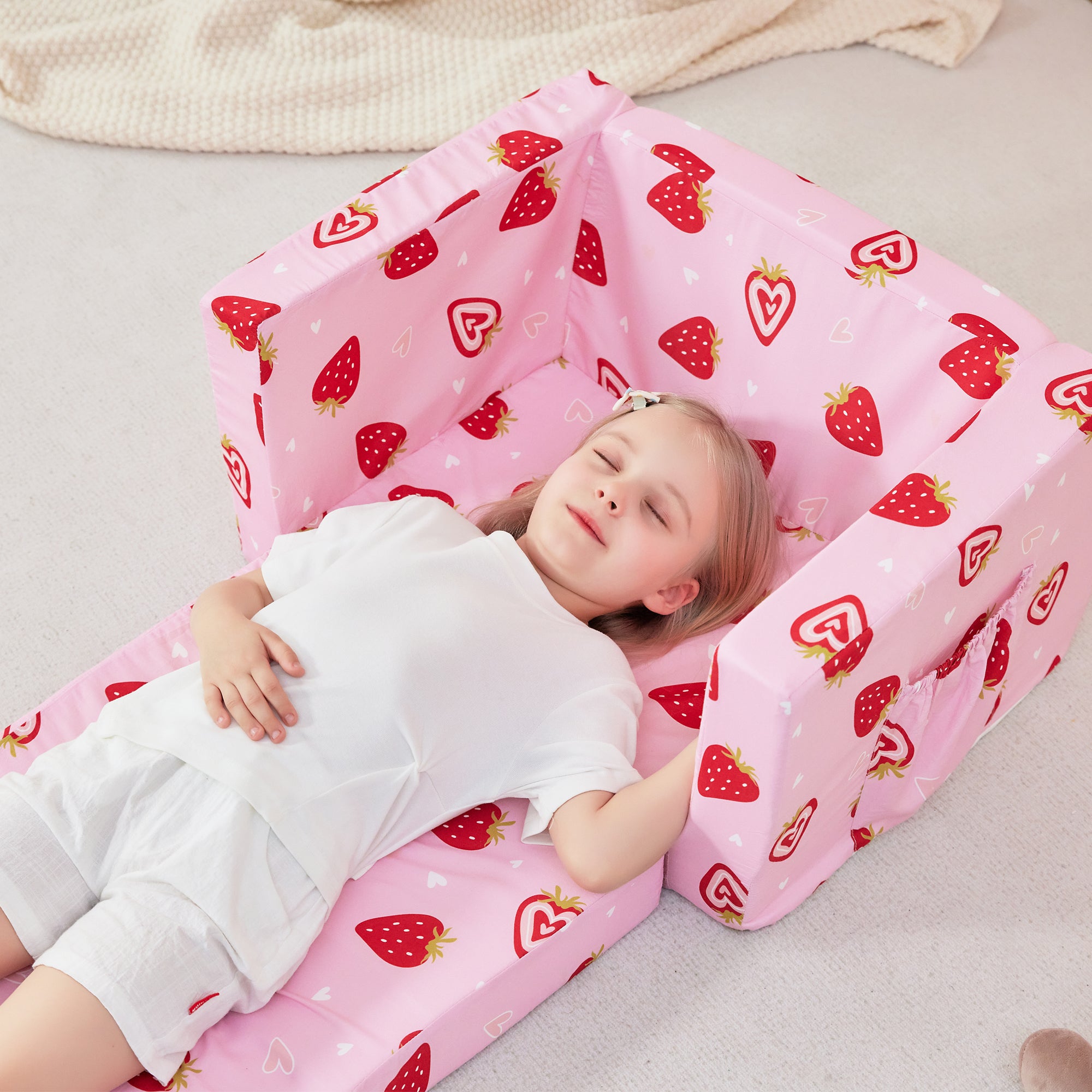 Pink Strawberry 2-in-1 Kids Sofa for Toddler Convertible Sofa to Lounger Bed