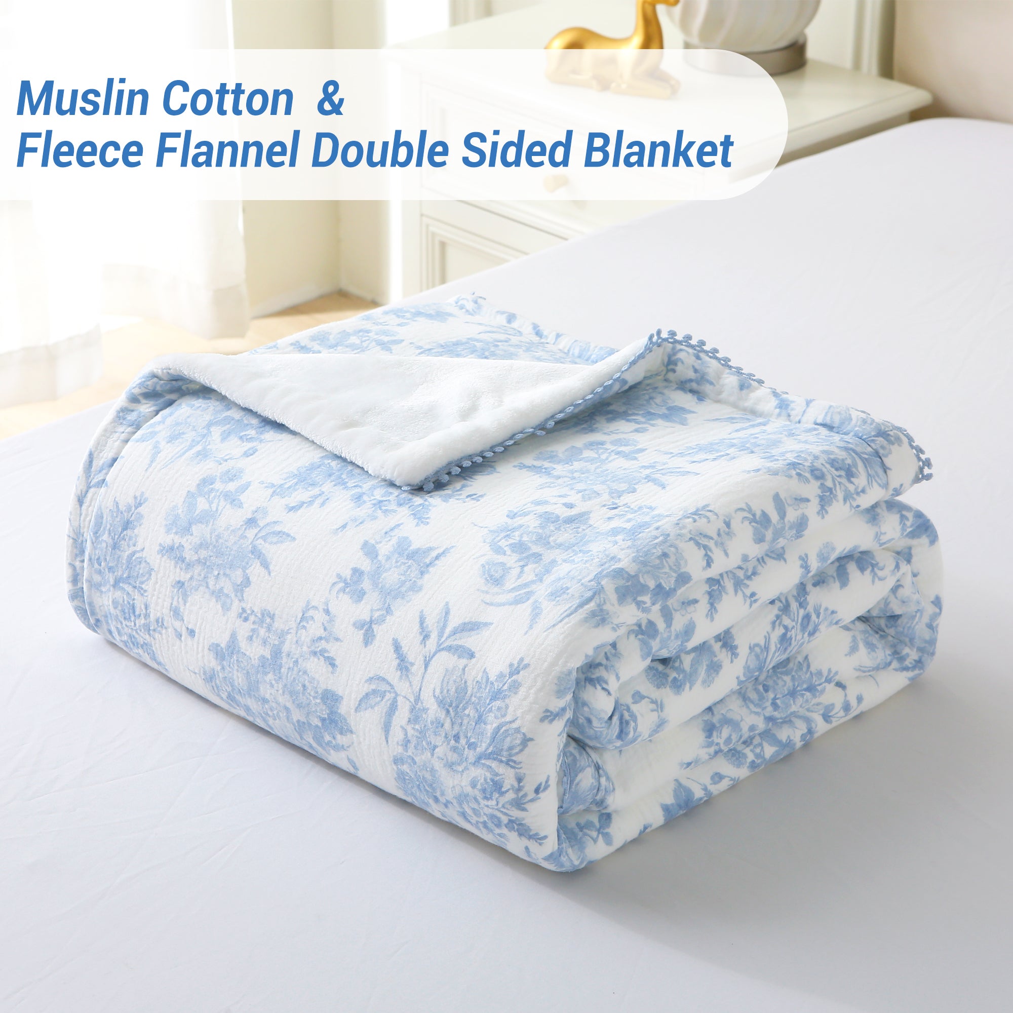 Blue Nerrah Throw Blanket Reversible Muslin Blankets 50x70 inch