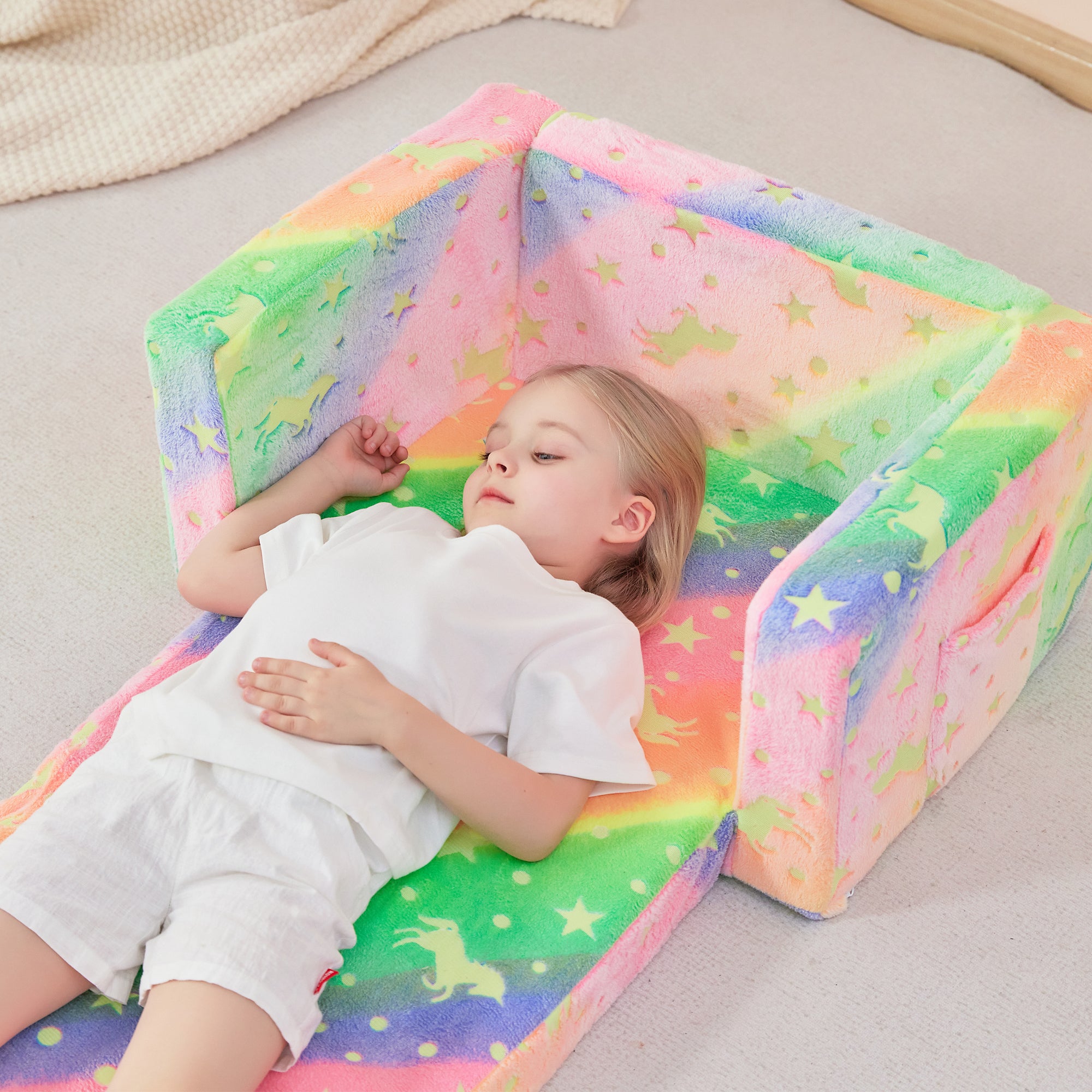 Glow Unicorn 2-in-1  Kids Sofa for Toddler Convertible Sofa to Lounger Bed