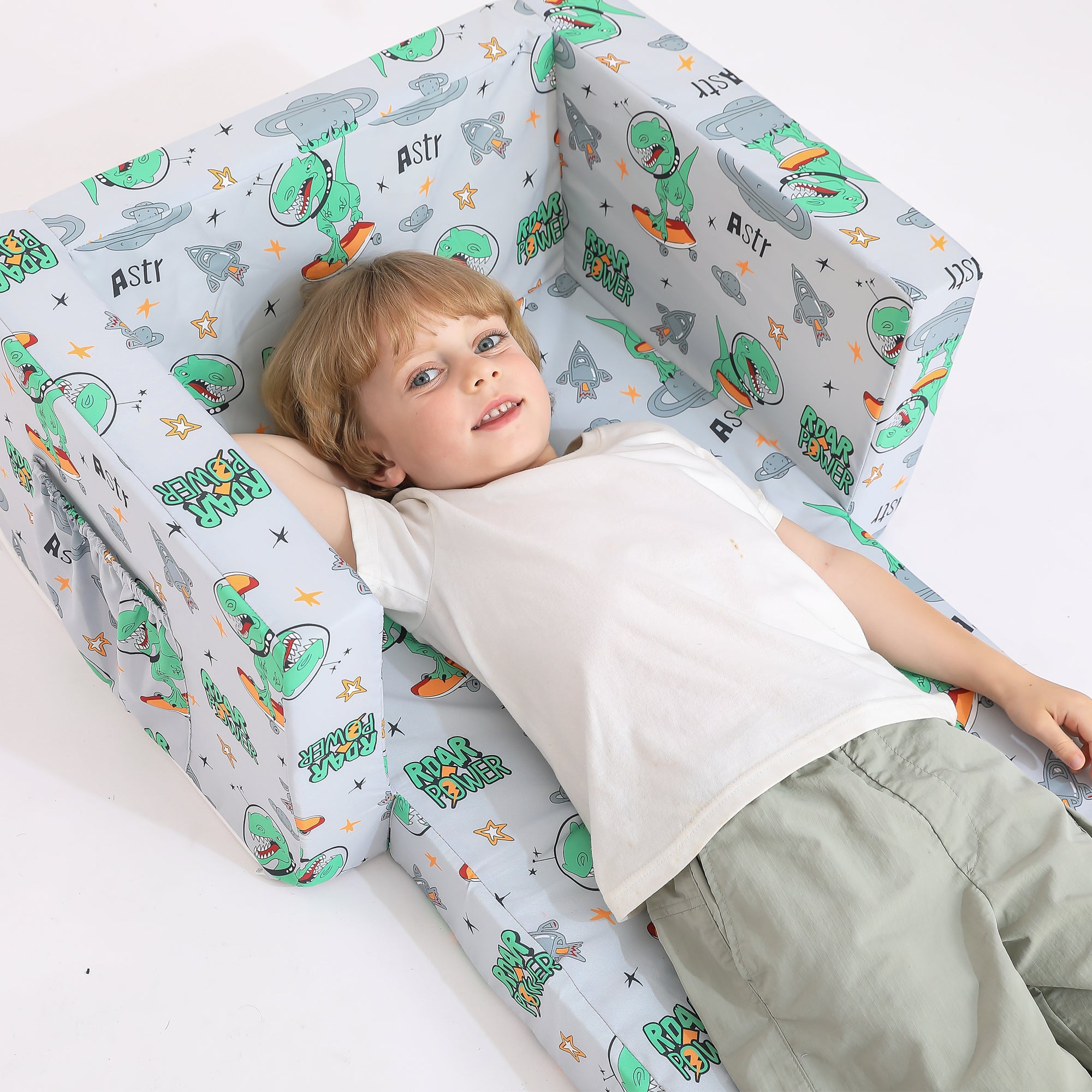 Gray Dinosaur 2-in-1 Kids Sofa for Toddler Convertible Sofa to Lounger