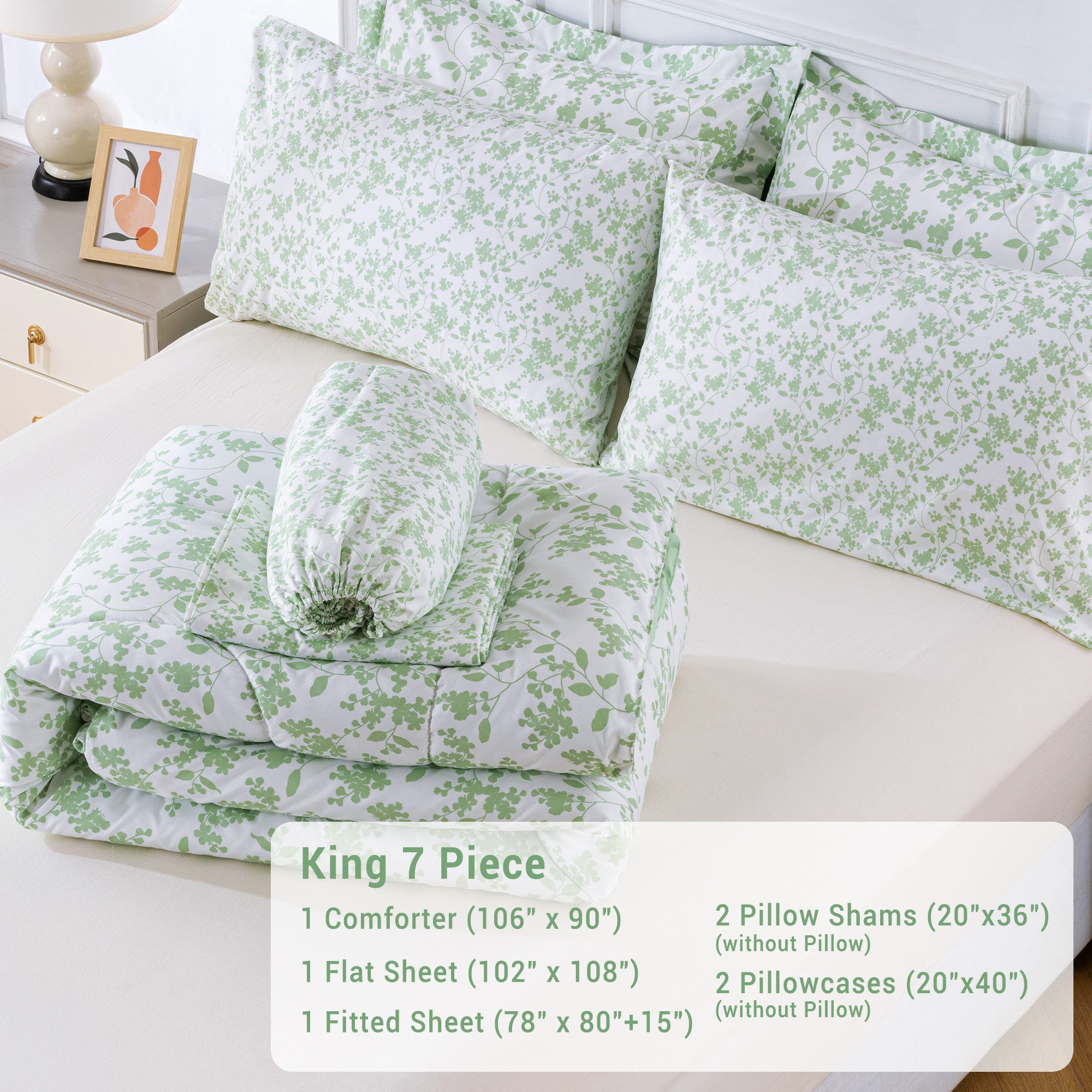 Pastel Green Floral Retreat Comforter Set 7 Pieces