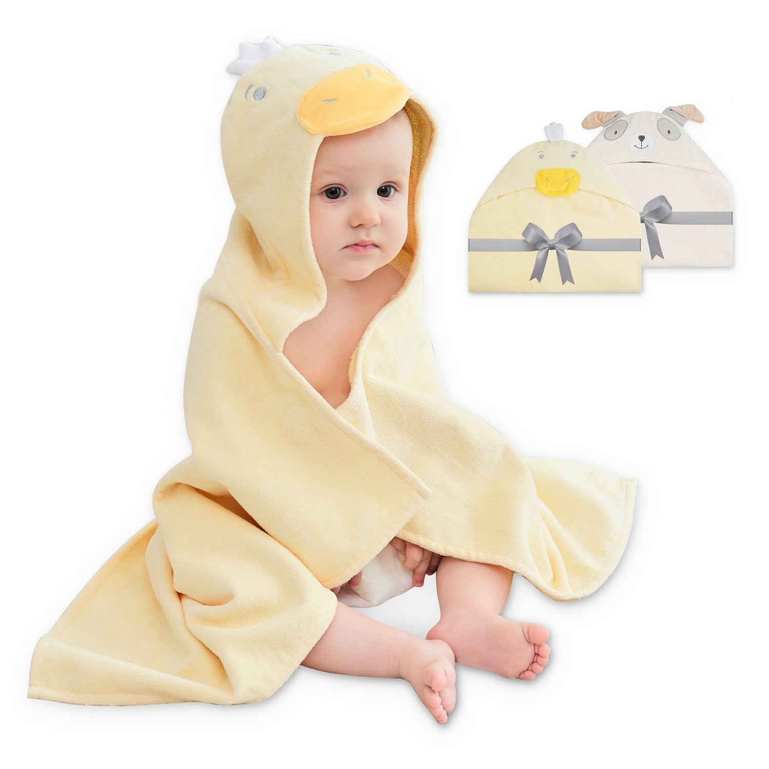 (Dog & Duck) 2 Pack Cotton Hooded Baby Towels, Thick and Absorbent 31" * 23"