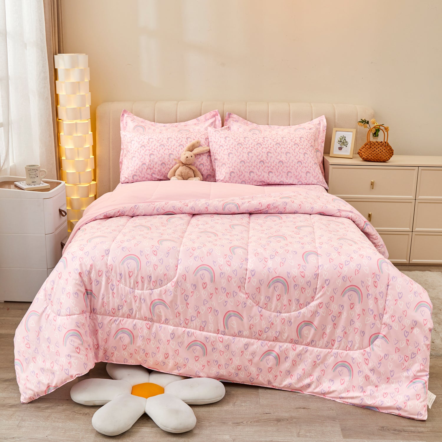 Dreamy Pink Rainbow & Heart Bedding Set for Kids