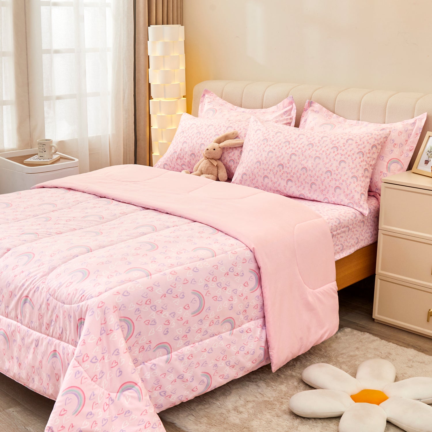 Dreamy Pink Rainbow & Heart Bedding Set for Kids