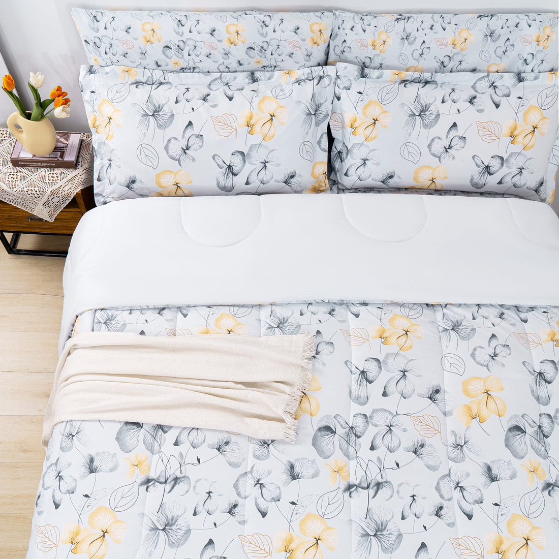 Yellow Floral Graceful Comforter Set 7 Pieces