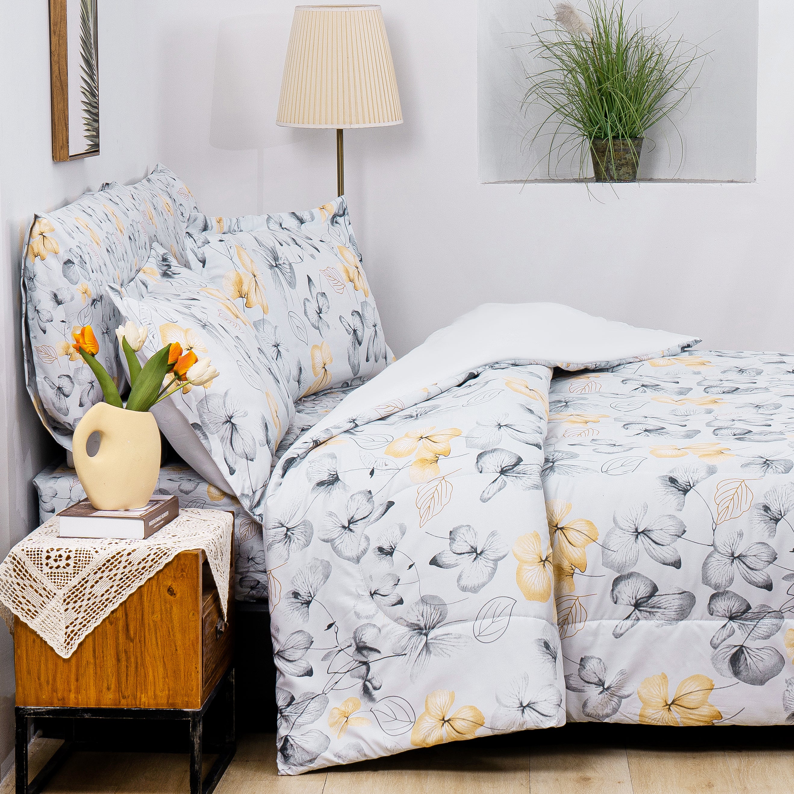 Yellow Floral Graceful Comforter Set 7 Pieces