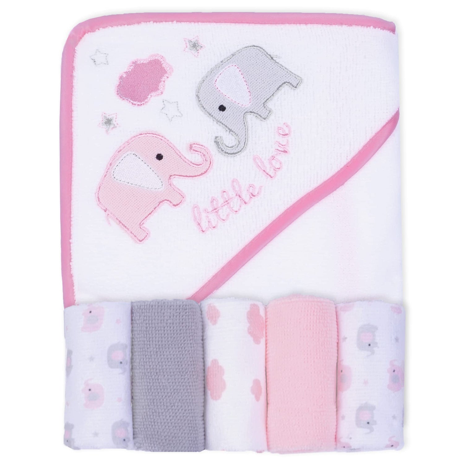 Pink Elephant Baby Hooded Towel and Washcloth Set 6-Pack Size 30 x 26 Inch