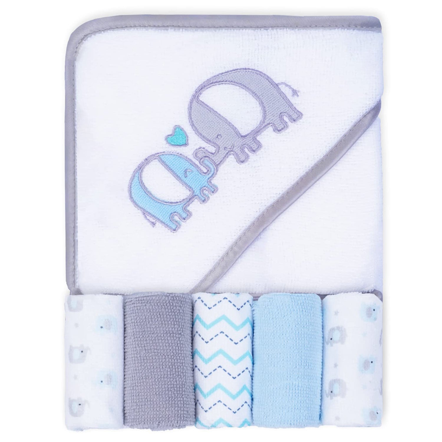 Grey Elephant Baby Hooded Towel and Washcloth Set 6-Pack Size 30 x 26 Inch