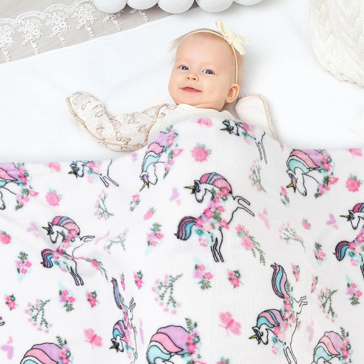 White Unicorn Kids Plush Throw Blanket, Soft & Warm
