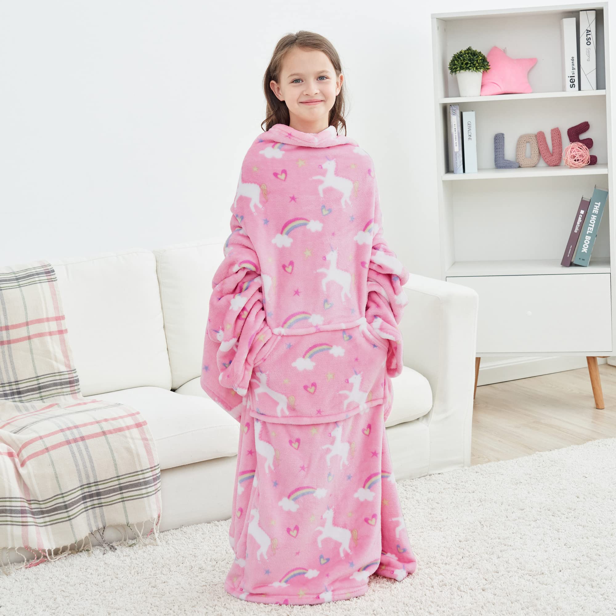 Unicorn Wearable Fleece Blanket with Sleeves & Foot Pocket for Kids