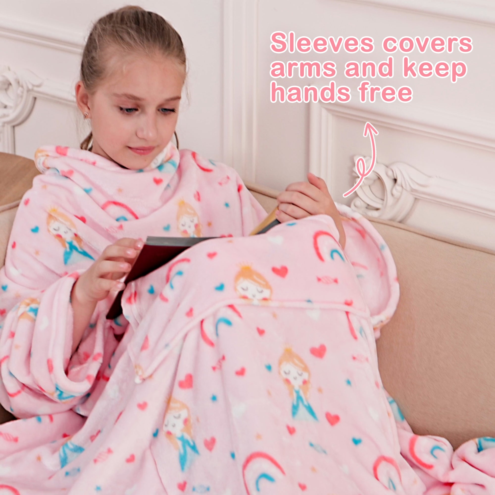 Princess Wearable Fleece Blanket with Sleeves & Foot Pocket for Kids
