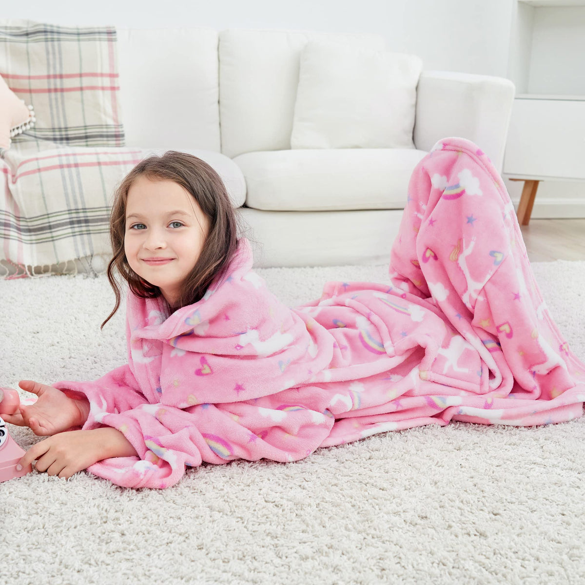 Unicorn Wearable Fleece Blanket with Sleeves & Foot Pocket for Kids