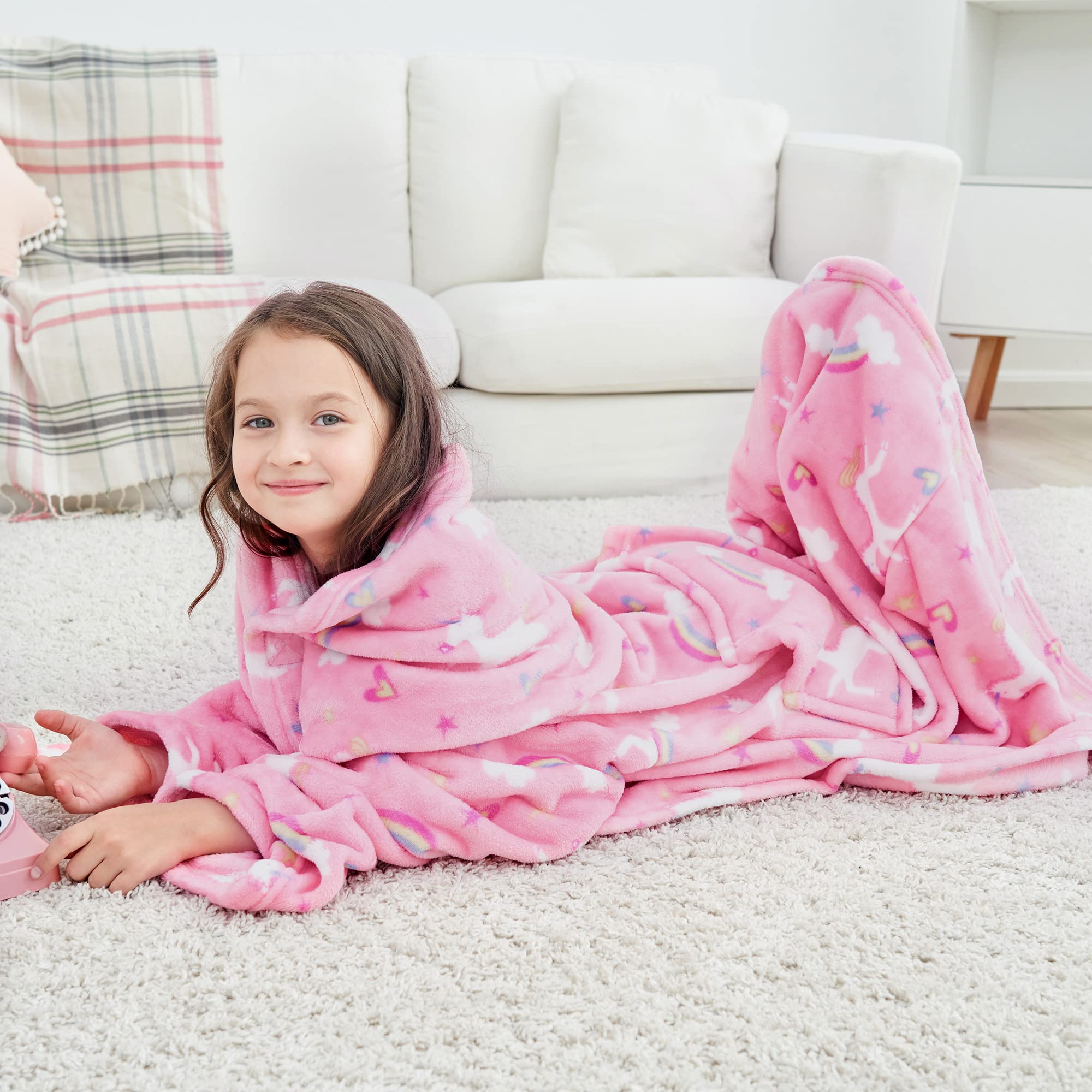Unicorn Wearable Fleece Blanket with Sleeves & Foot Pocket for Kids