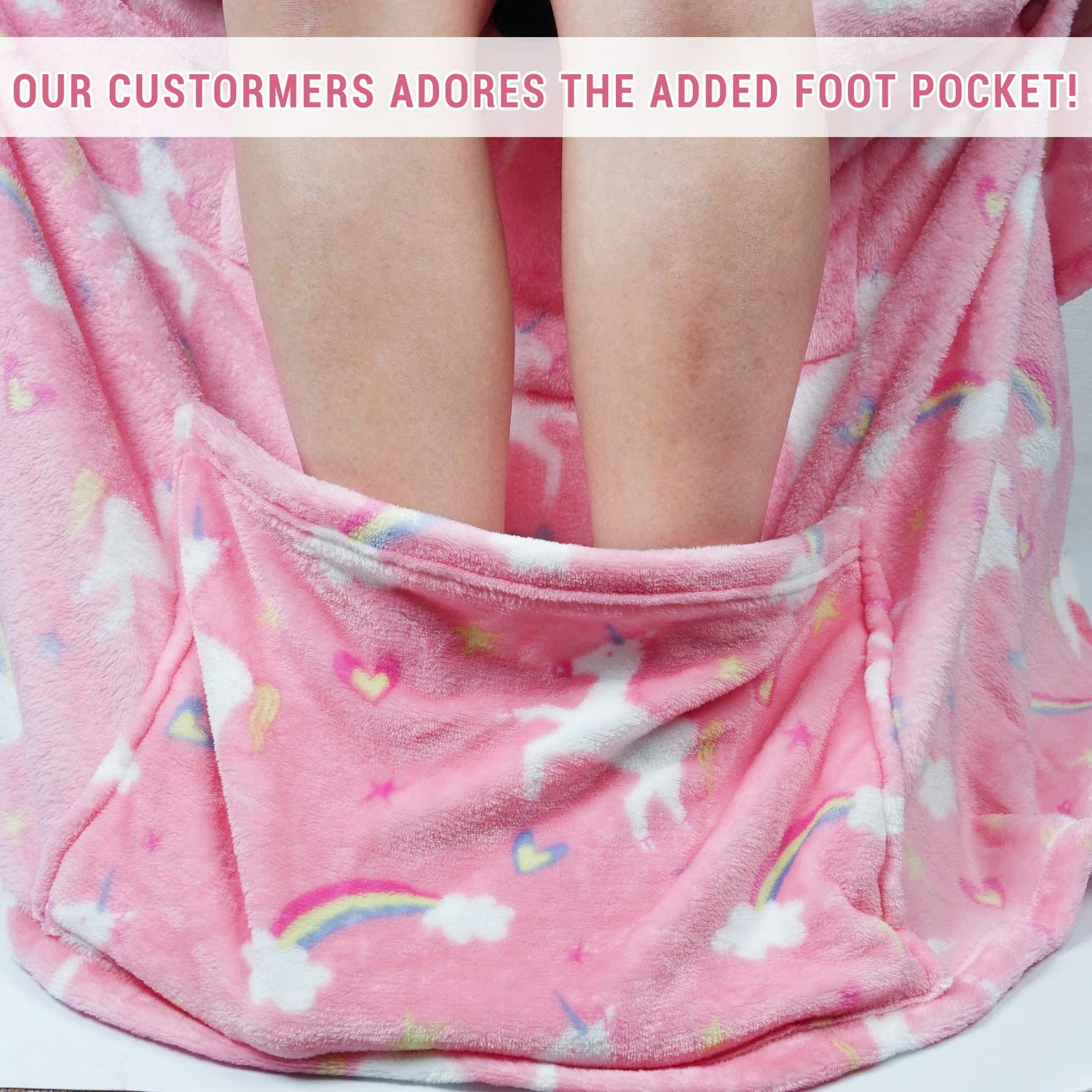 Unicorn Wearable Fleece Blanket with Sleeves & Foot Pocket for Kids
