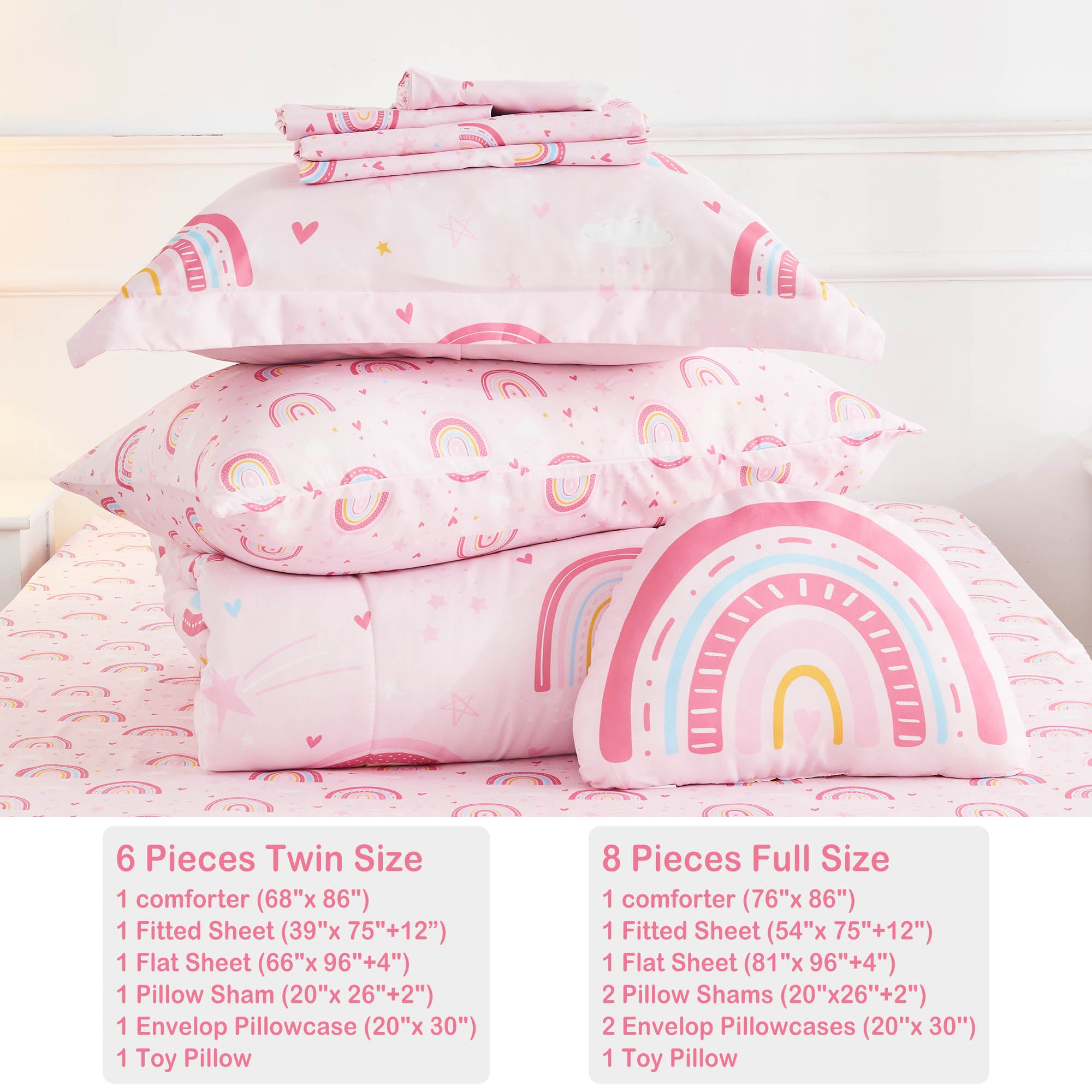 Pink Rainbow Kids Comforter Sets – 6 or 8 Piece Options