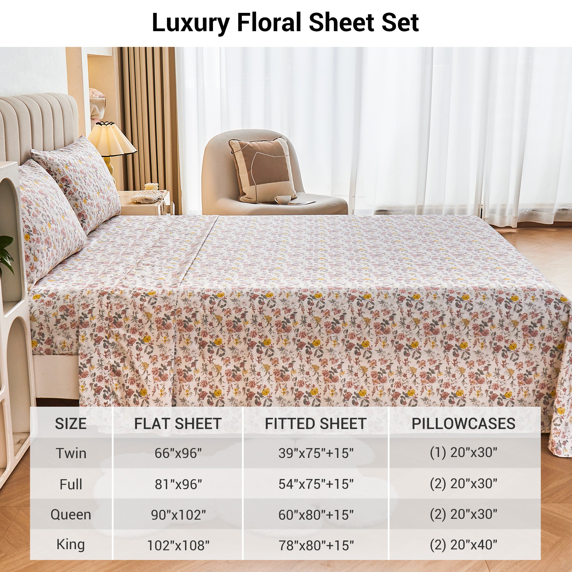 4 Piece Vintage Pink & Yellow Flower Patterned Bed Sheets Set