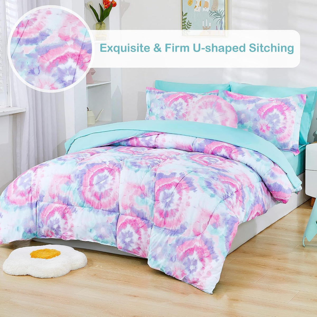 Dark Pink Round Flower comforter set - stitching detail