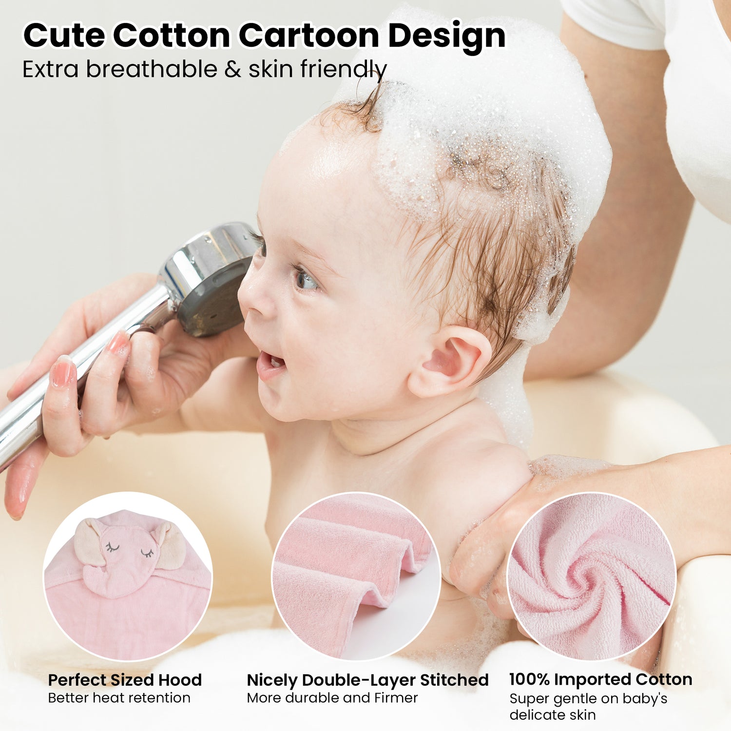 (Pink Elephant & Dog) 2 Pack Cotton Hooded Baby Towels, Extra Thick and Absorbent, 32" * 23"