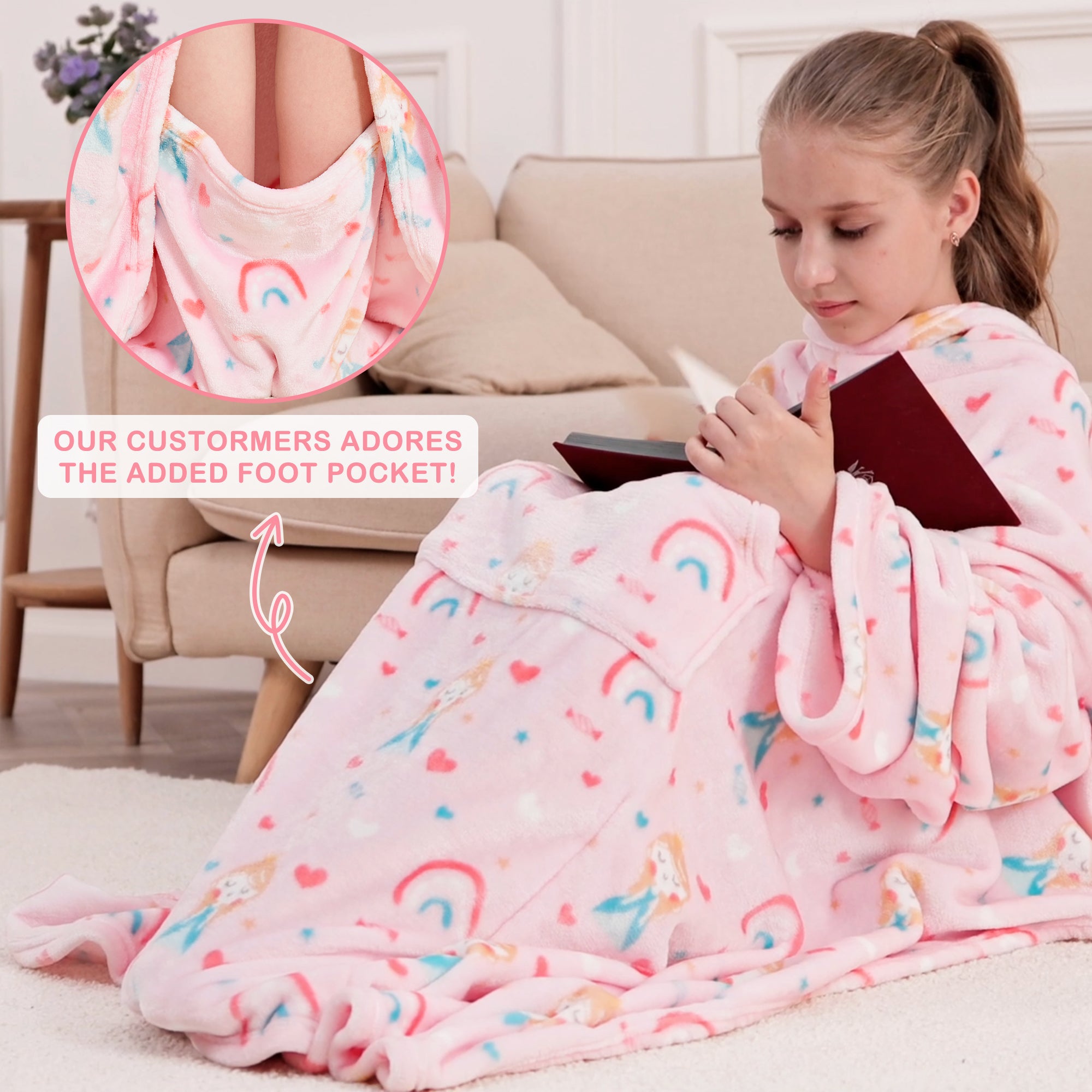 Princess Wearable Fleece Blanket with Sleeves & Foot Pocket for Kids