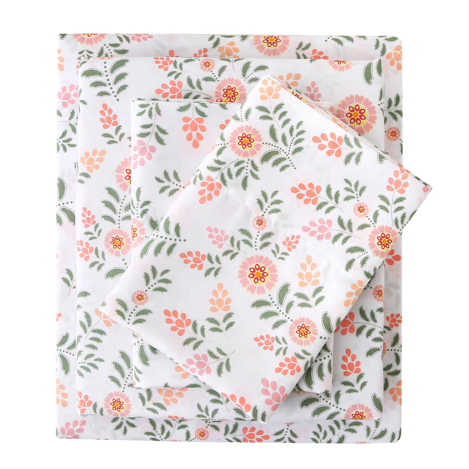 4 Piece Pink Round Flowers Green Leaves Patterned Bed Sheets Set