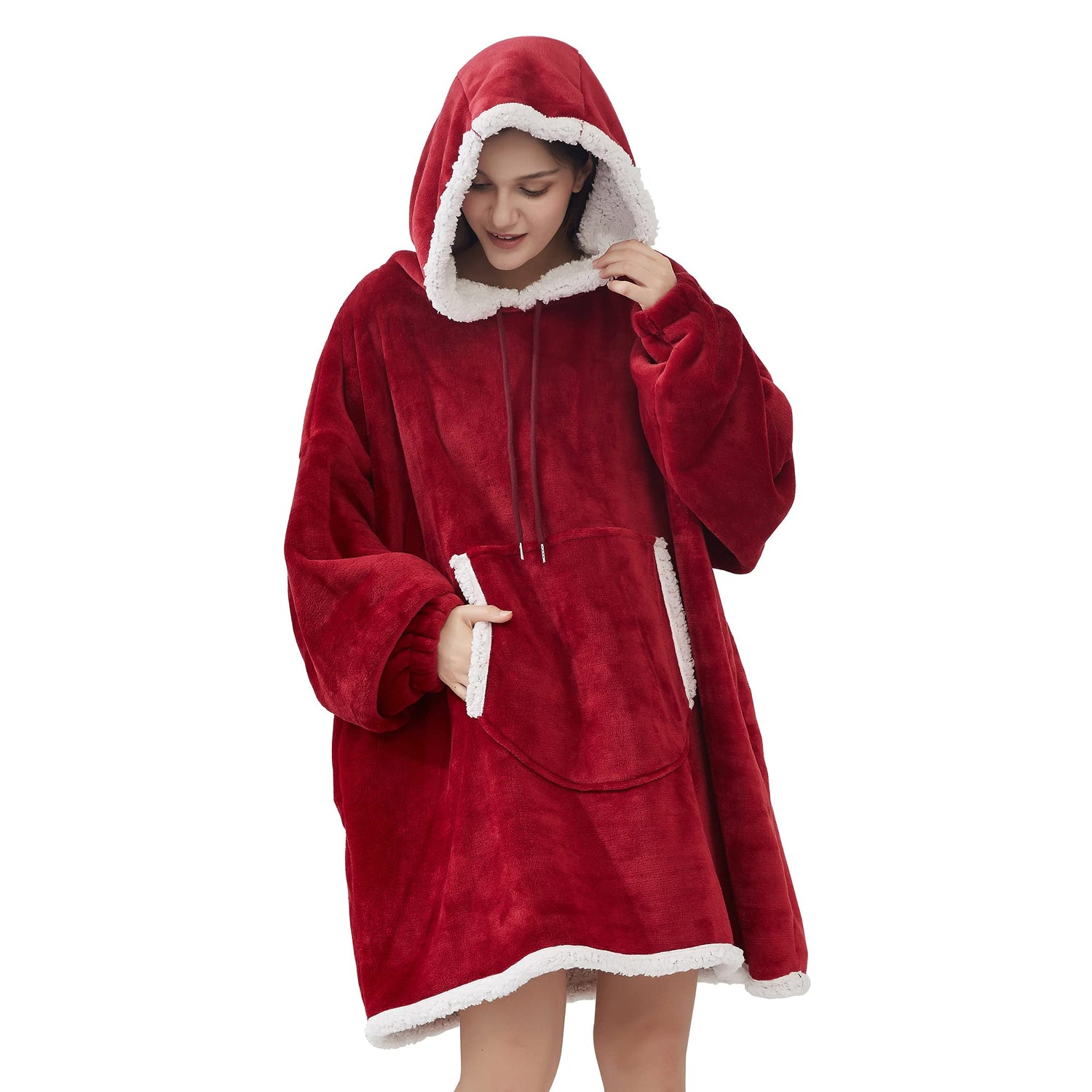 Wine Red Blanket Hoodie Oversized Sherpa Fleece Wearable Blanket for Women & Men