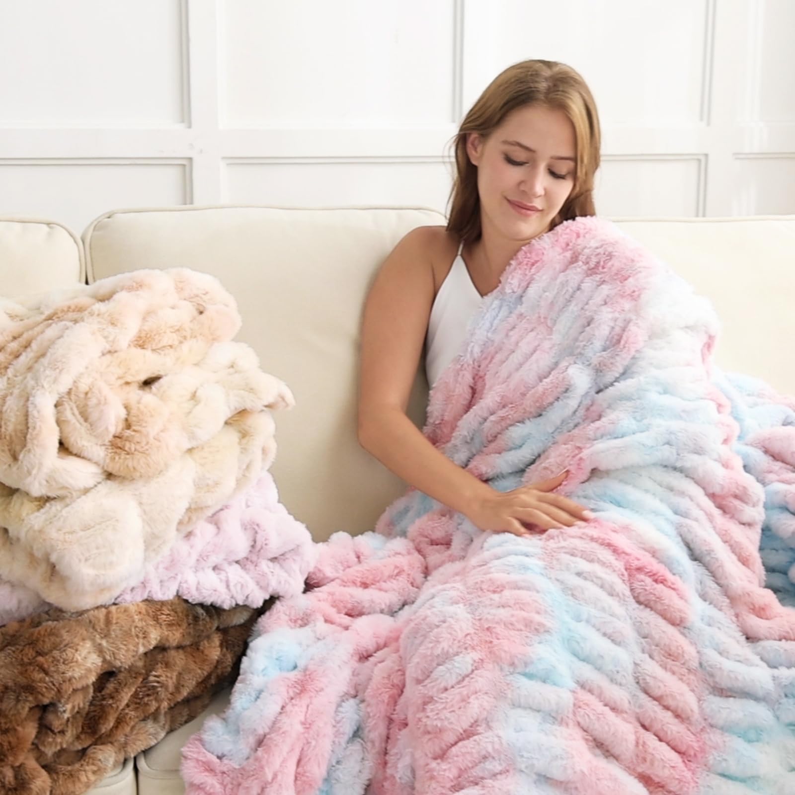 Light Pink Blue Warm Fuzzy Faux Fur Blanket
