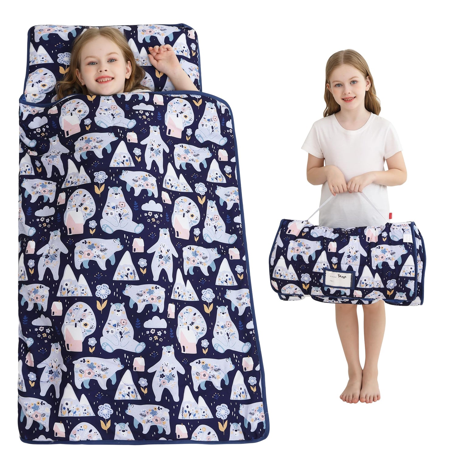 Deep Blue Bear Toddler Nap Mat with Pillow and Blanket