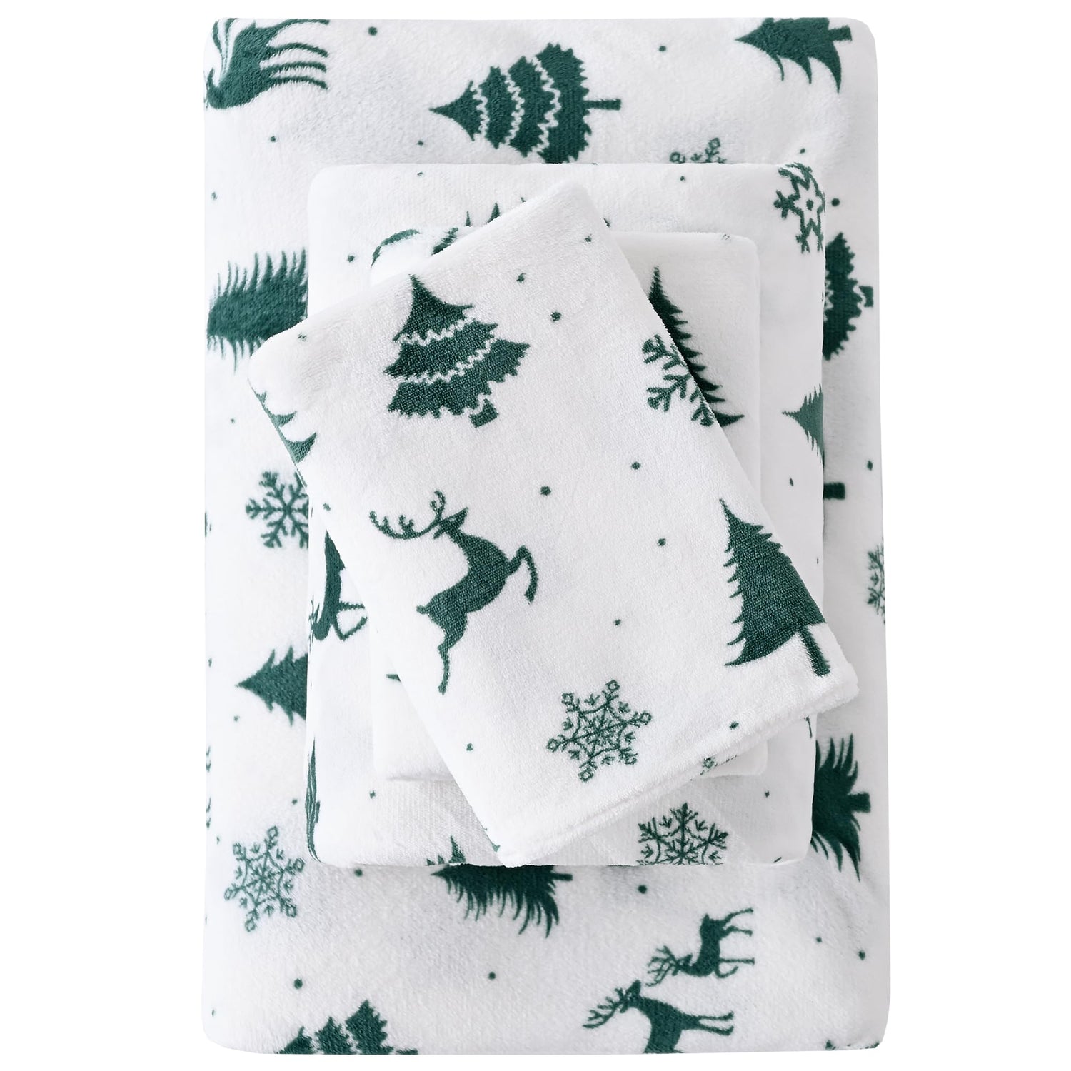 White Deer Snowflake Printed Micro Fleece Bed Sheet Set