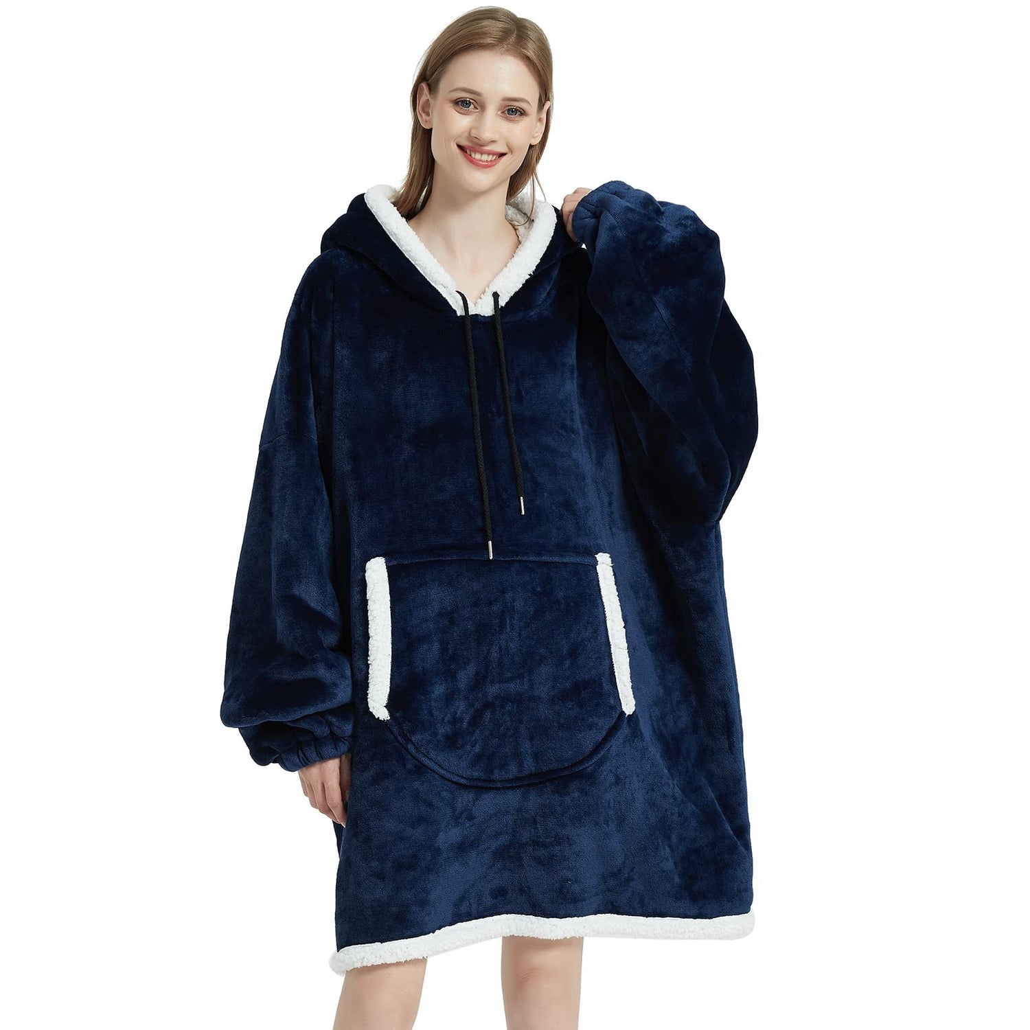 Navy Oversized Sherpa Fleece Wearable Blanket for Women & Men