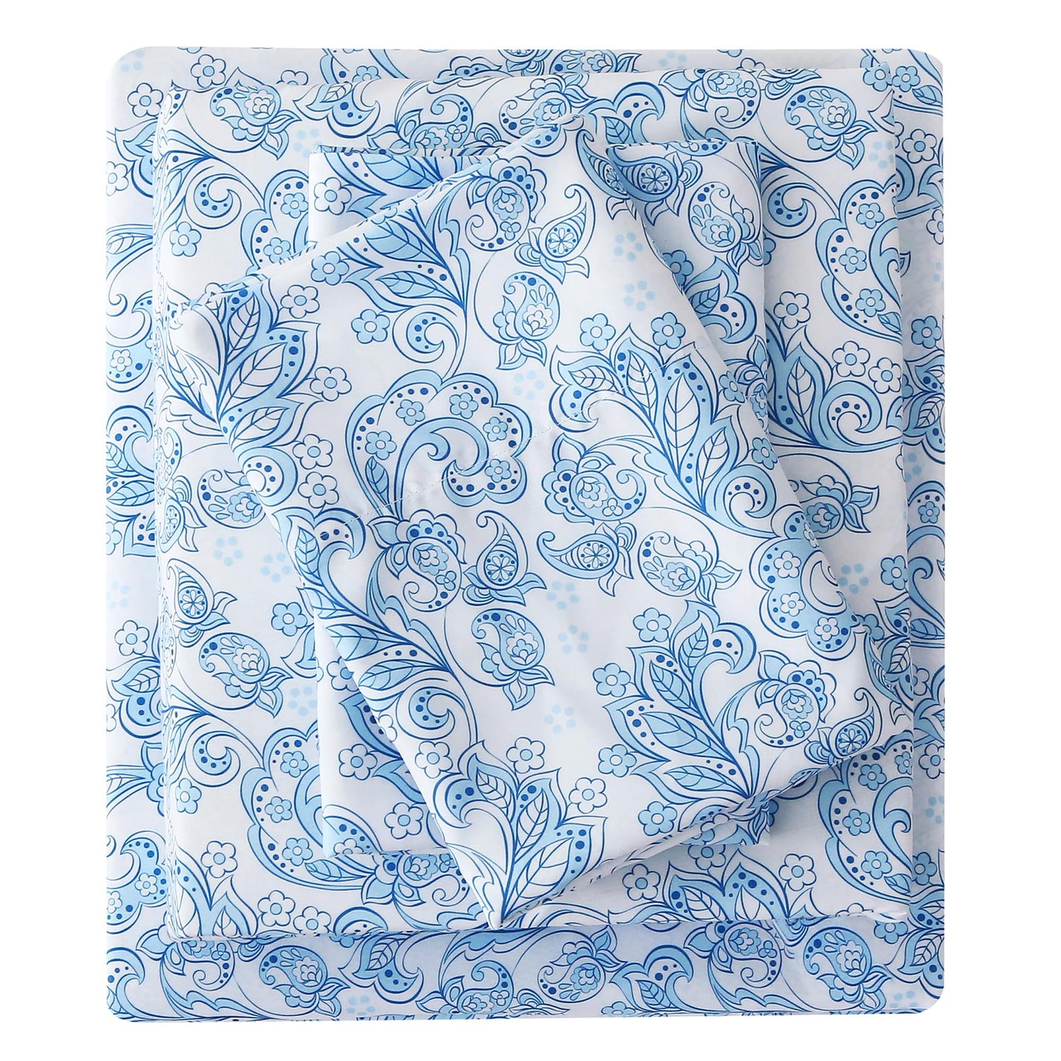 4 Piece Vintage Blue Paisley Flower Patterned Bed Sheets Set