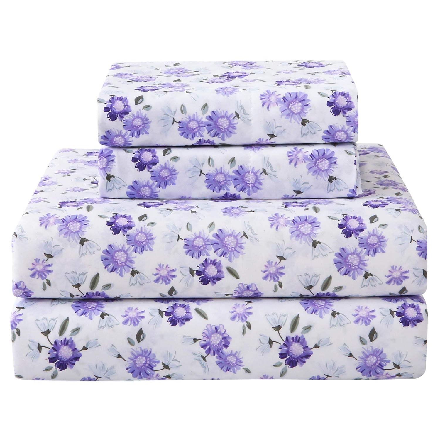4 Piece Vintage Purple and White Flower Patterned Bed Sheets Set