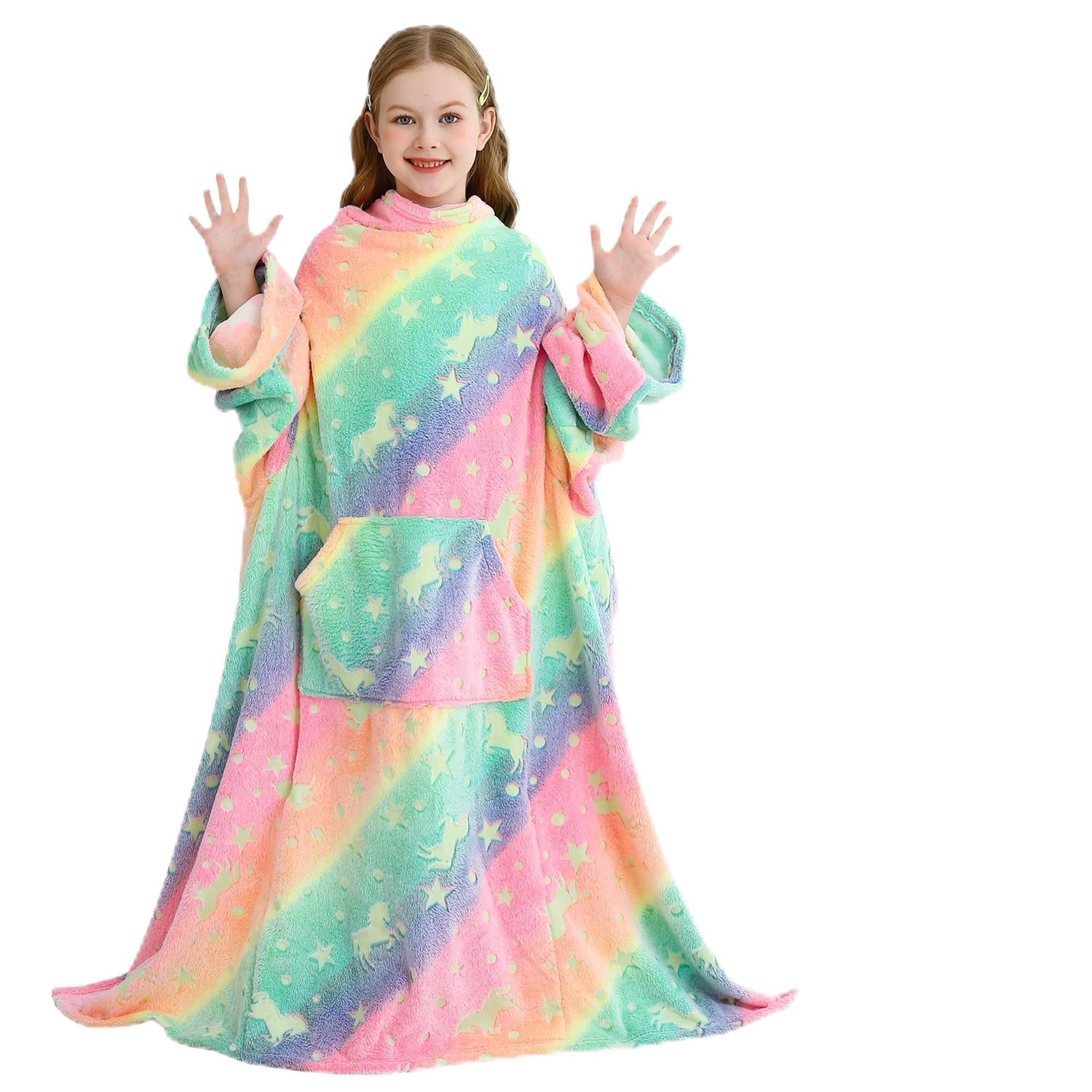 Colorful Unicorn Kids Wearable Fleece Blanket with Sleeves & Foot Pocket