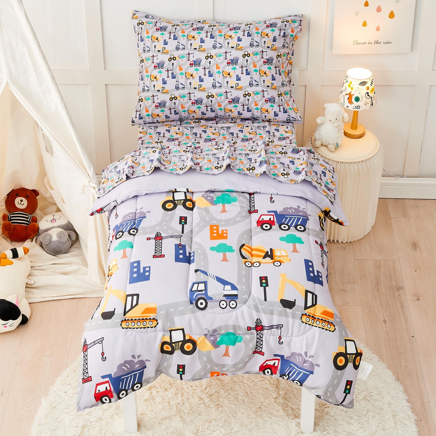 Grey Excavator Toddler Bedding Set