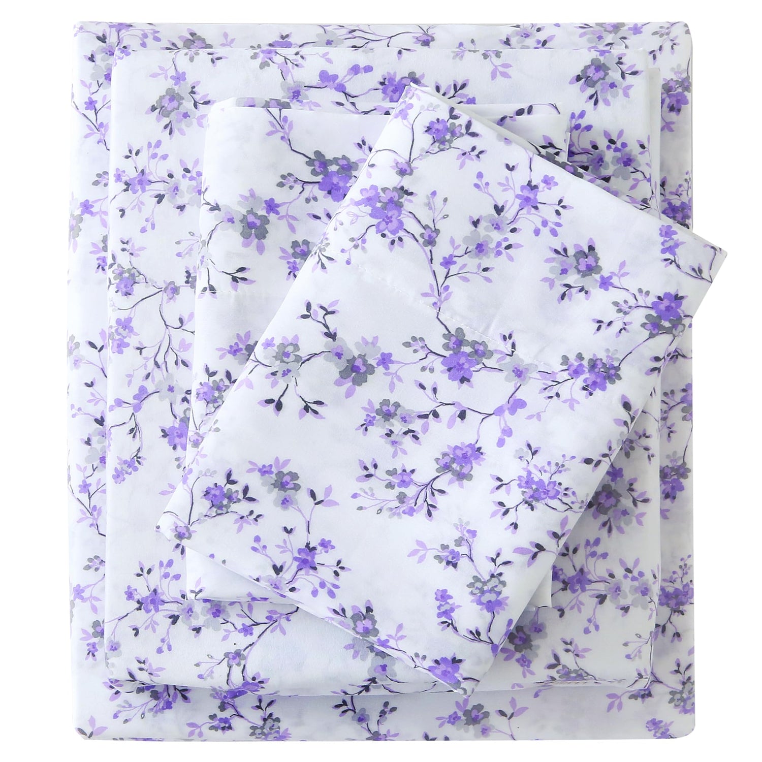 4 Piece Vintage Purple Flower2 Patterned Bed Sheets Set