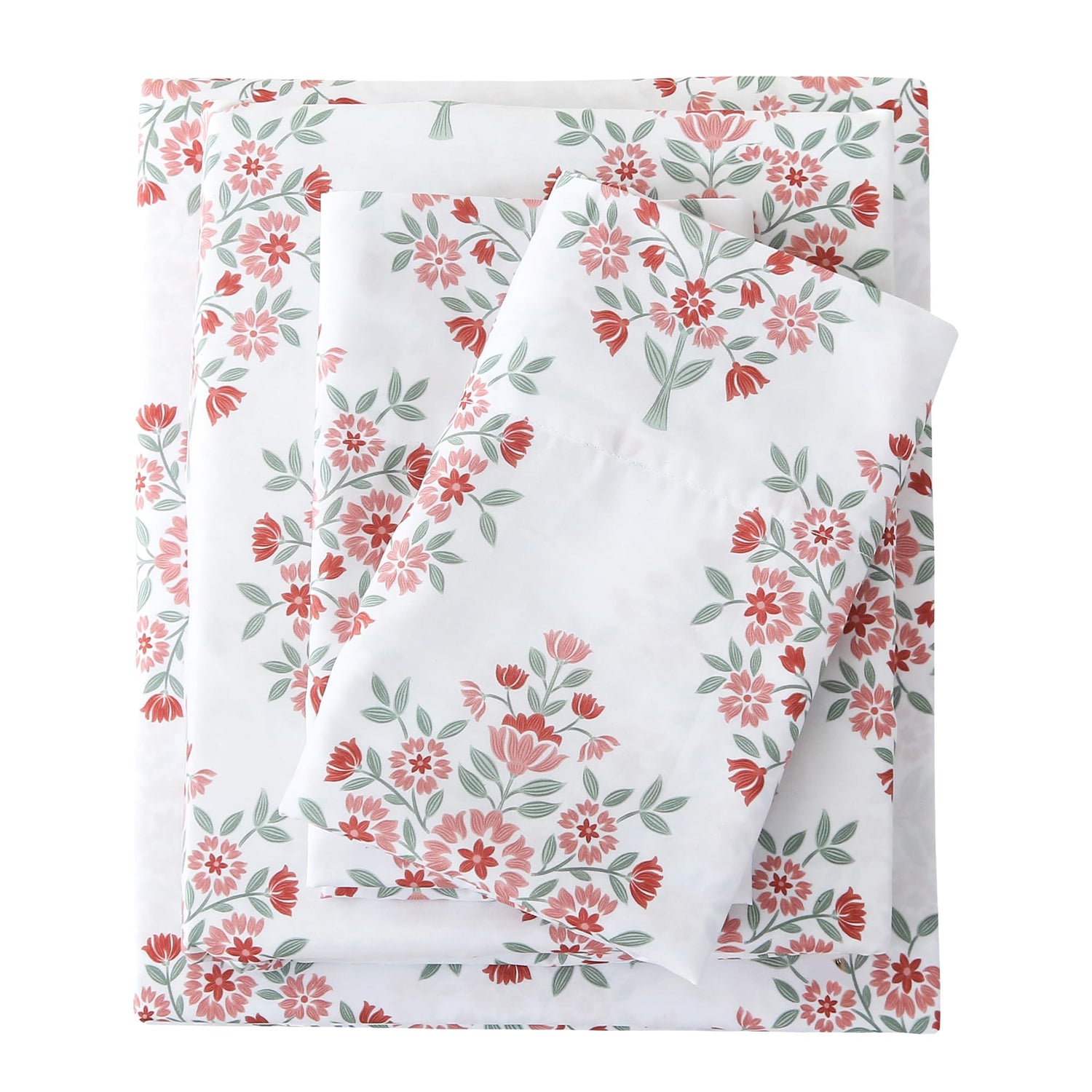 4 Piece Clusters of Red Flowers Green Leaves Patterned Bed Sheets Set