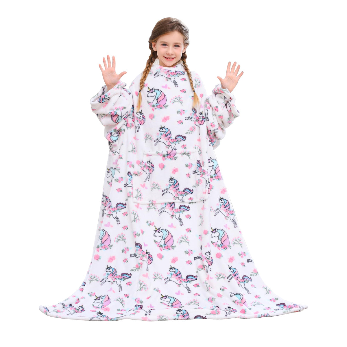 White Unicorn Kids Wearable Fleece Blanket with Sleeves & Foot Pocket