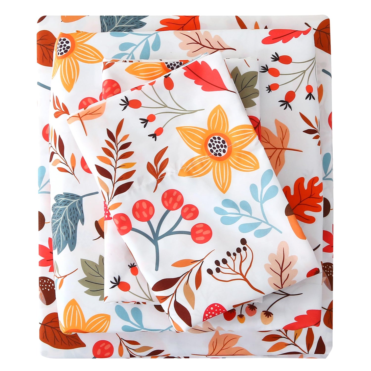 4 Piece Vintage Nuts & Fallen Leaves Patterned Bed Sheets Set