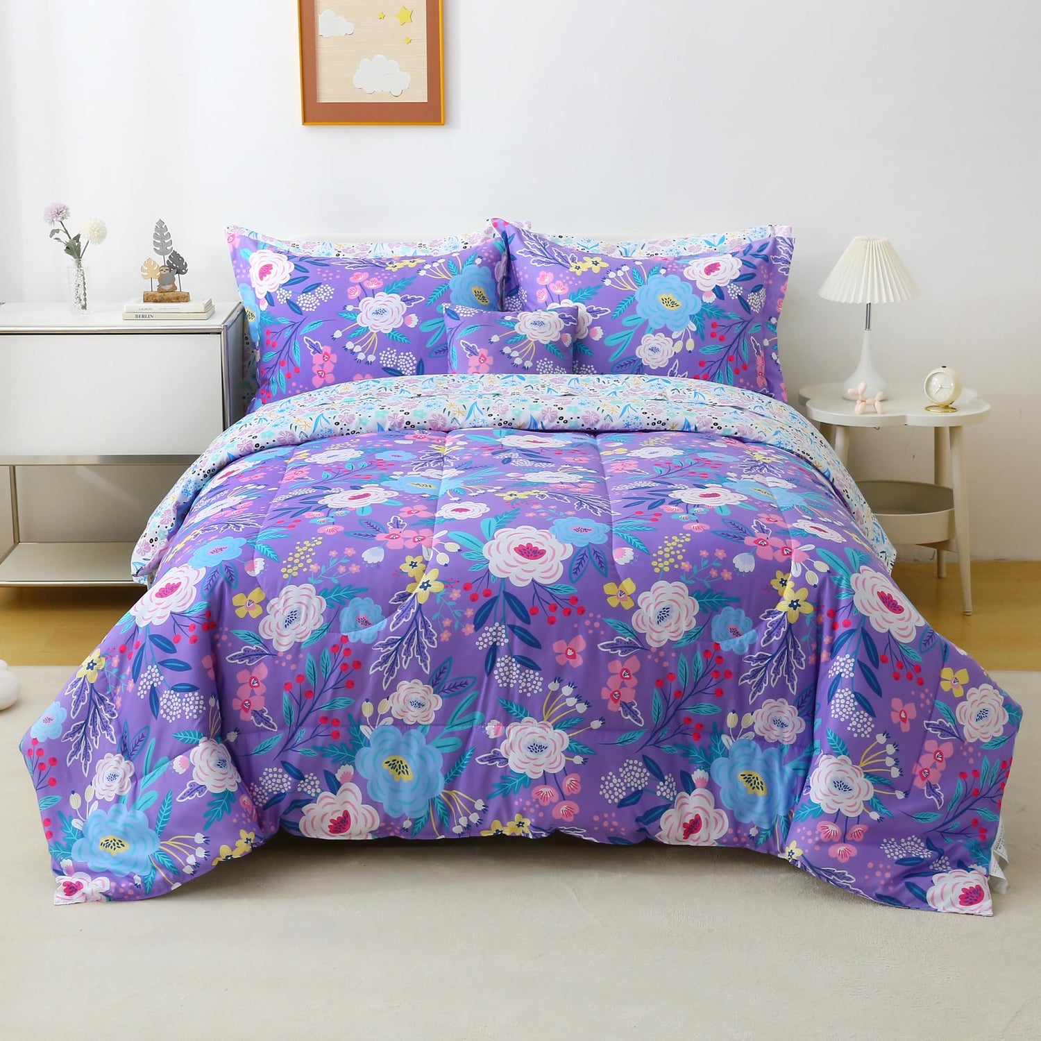 Purple Floral 6/8 Pcs Comforter Sets for Boys Kids
