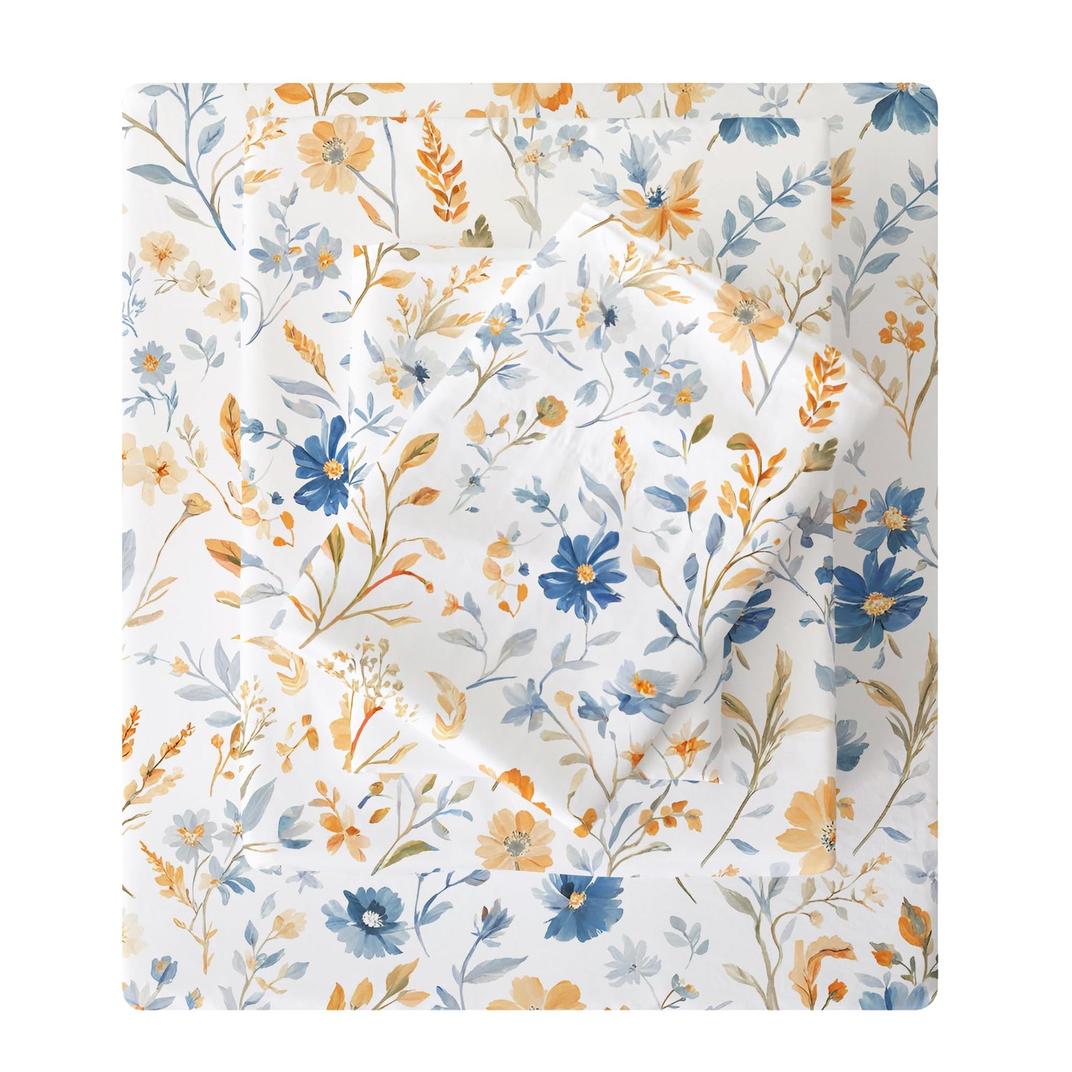 4 Piece Blue Yellow Flower Patterned Bed Sheets Set