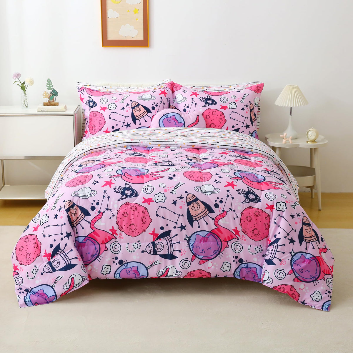 Pink Space Cat Comforter Sets for Kids– 6 or 8 Piece Options