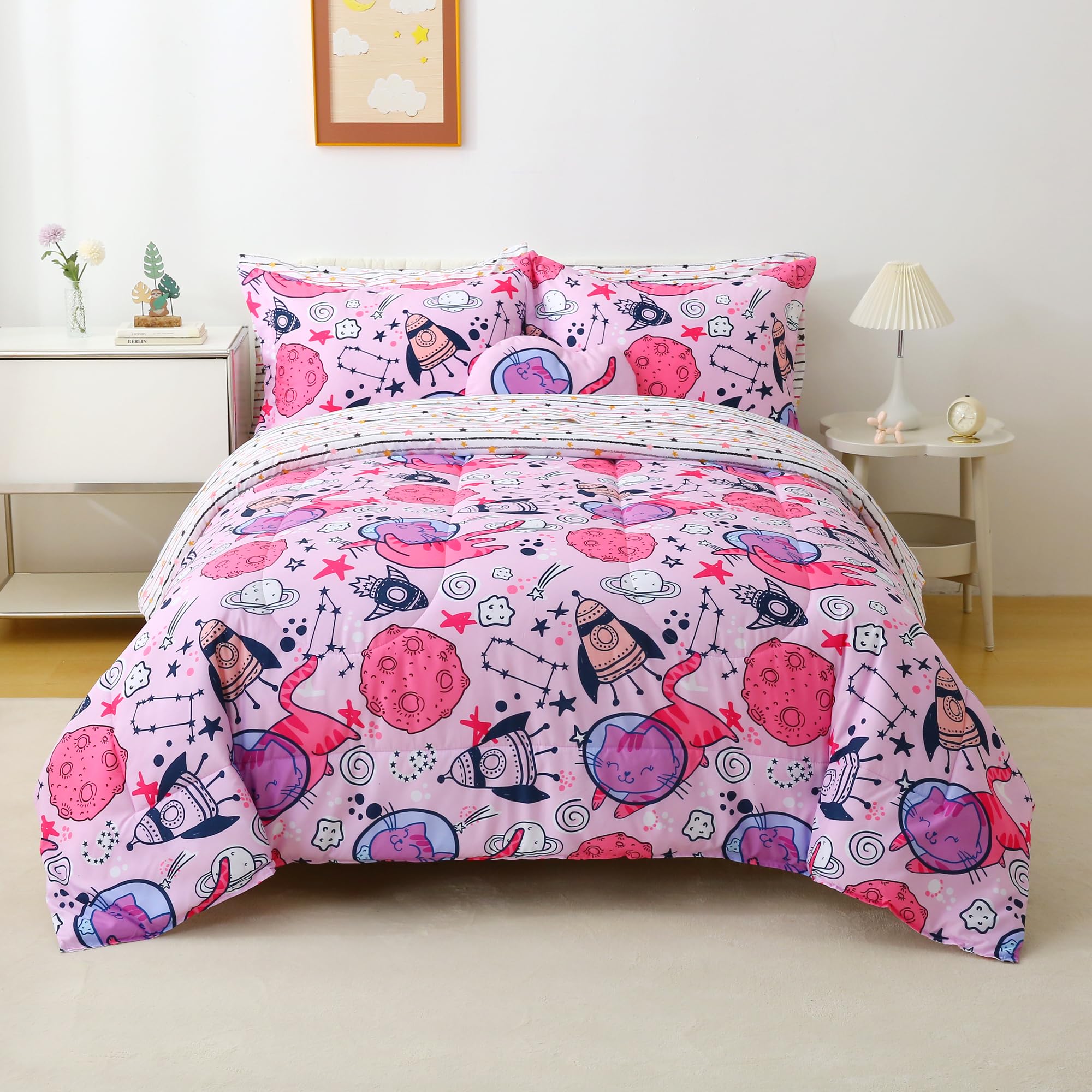 Pink Space Cat Comforter Sets for Kids– 6 or 8 Piece Options