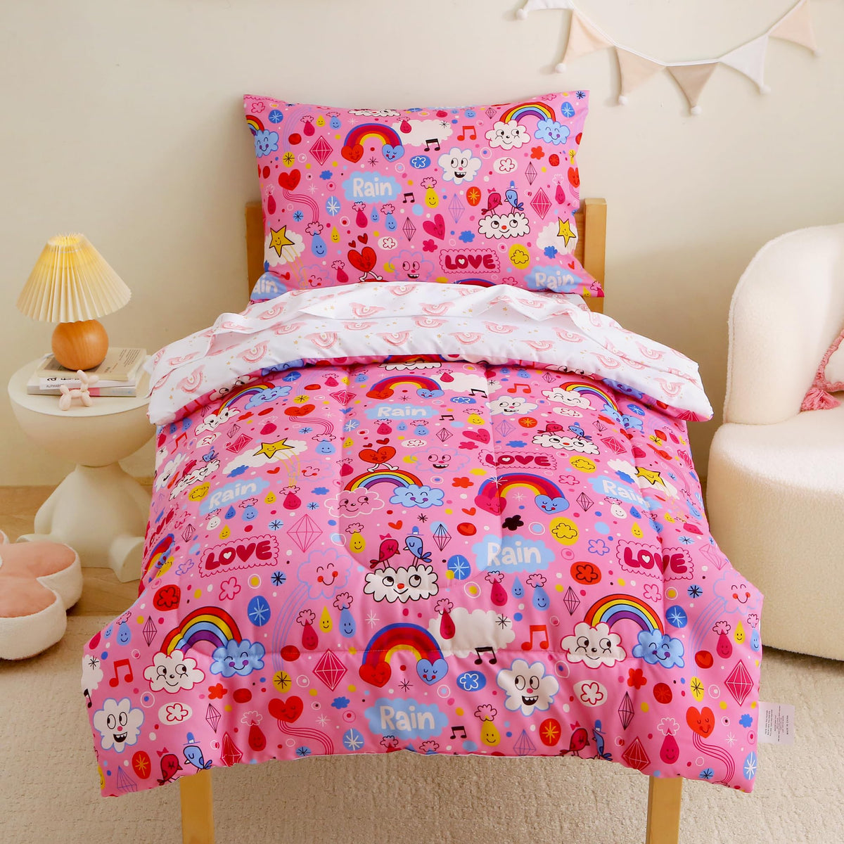 Pink Rainbow Cloud Toddler Comforter Set– 4 Piece