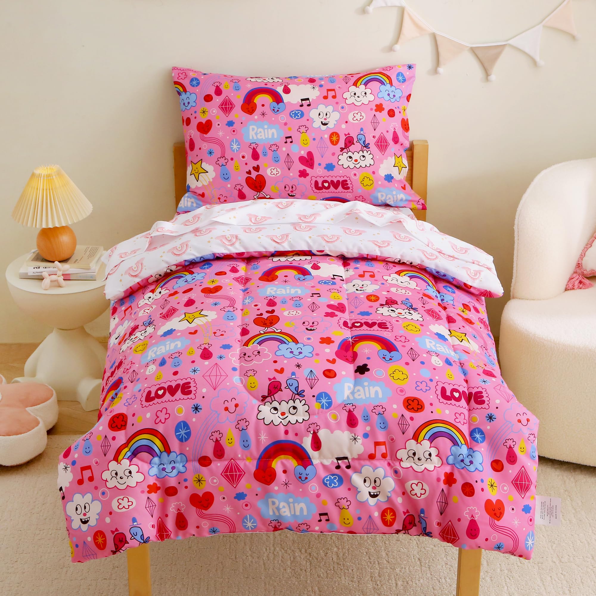 Pink Rainbow Cloud Toddler Comforter Set– 4 Piece