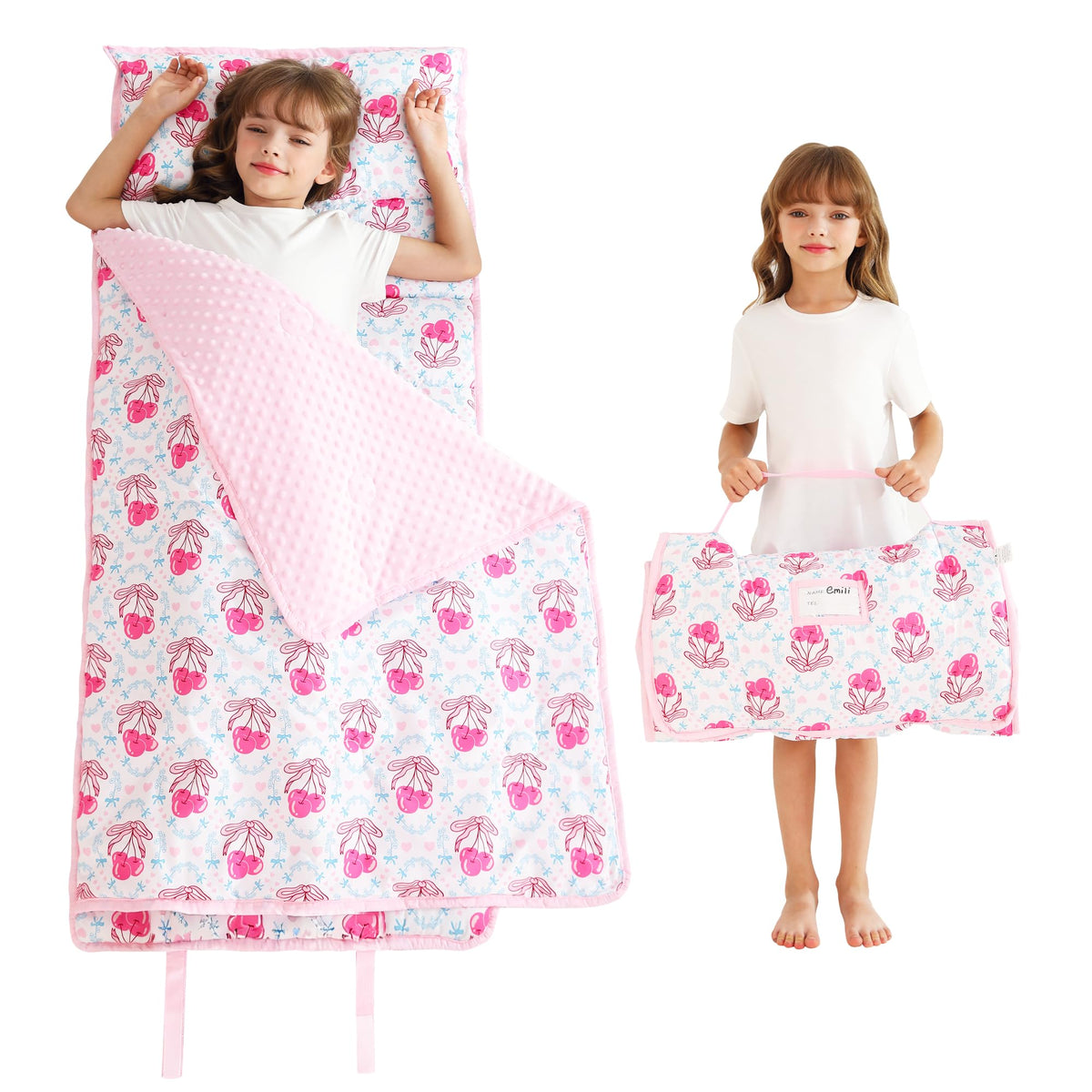 Pink Cherry Toddler Nap Mat with Pillow & Blanket