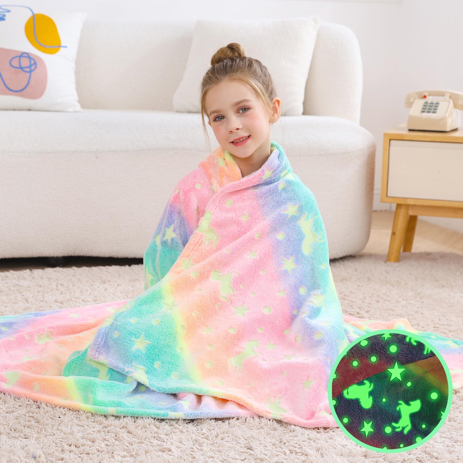 Multicolor Glow Unicorn Kids Throw Blanket for Boys and Girls Soft Cozy Flannel