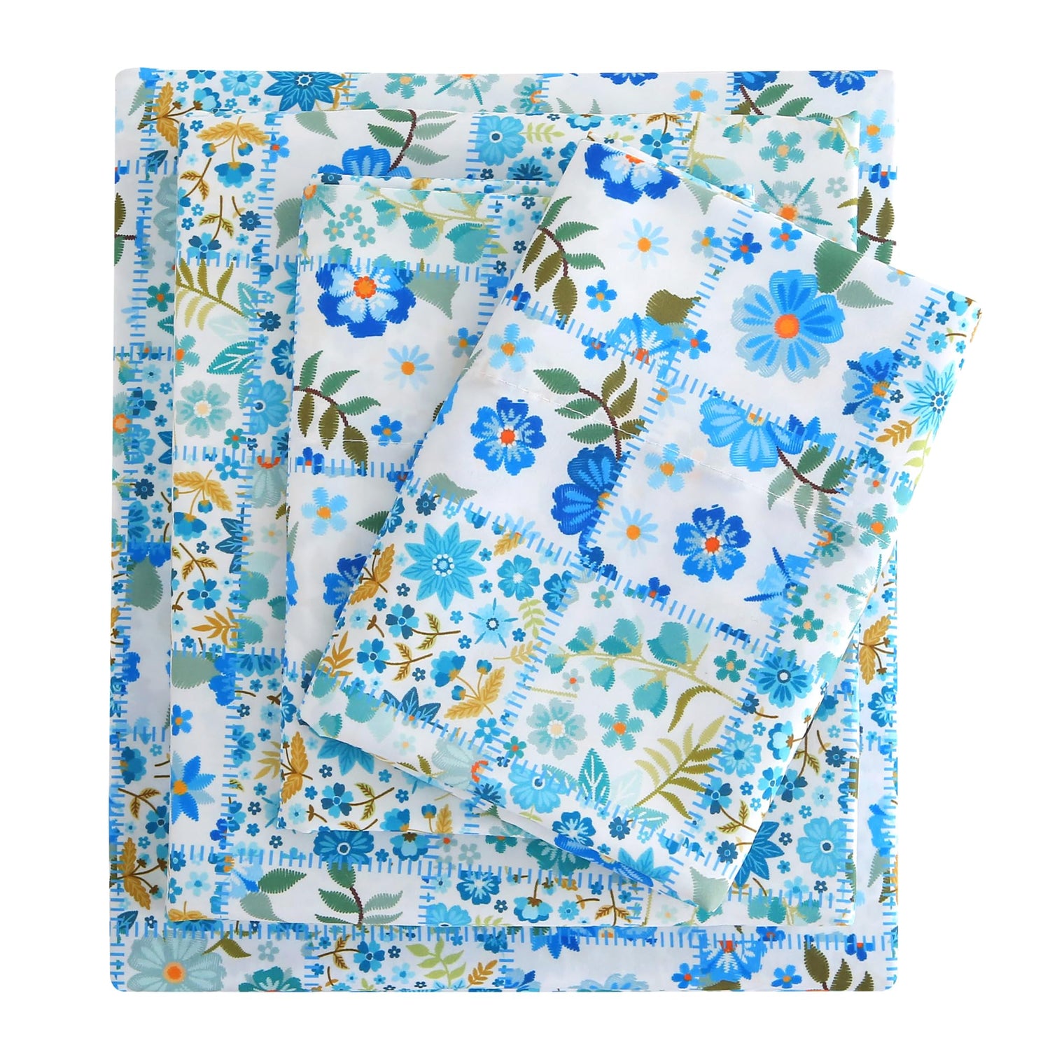 Blue Green Floral Patchwork Patterned Bed Sheets Set