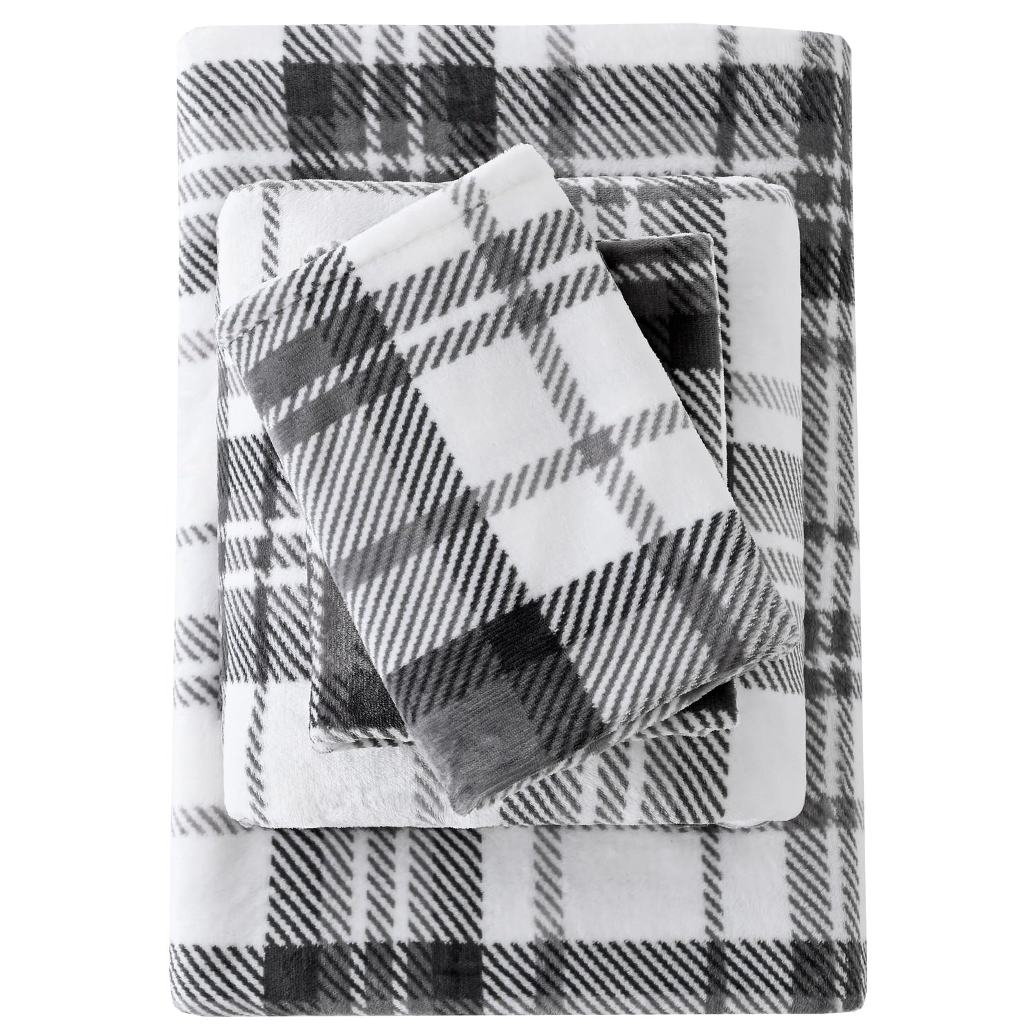 Grey Plaid Printed Micro Fleece Bed Sheet Set