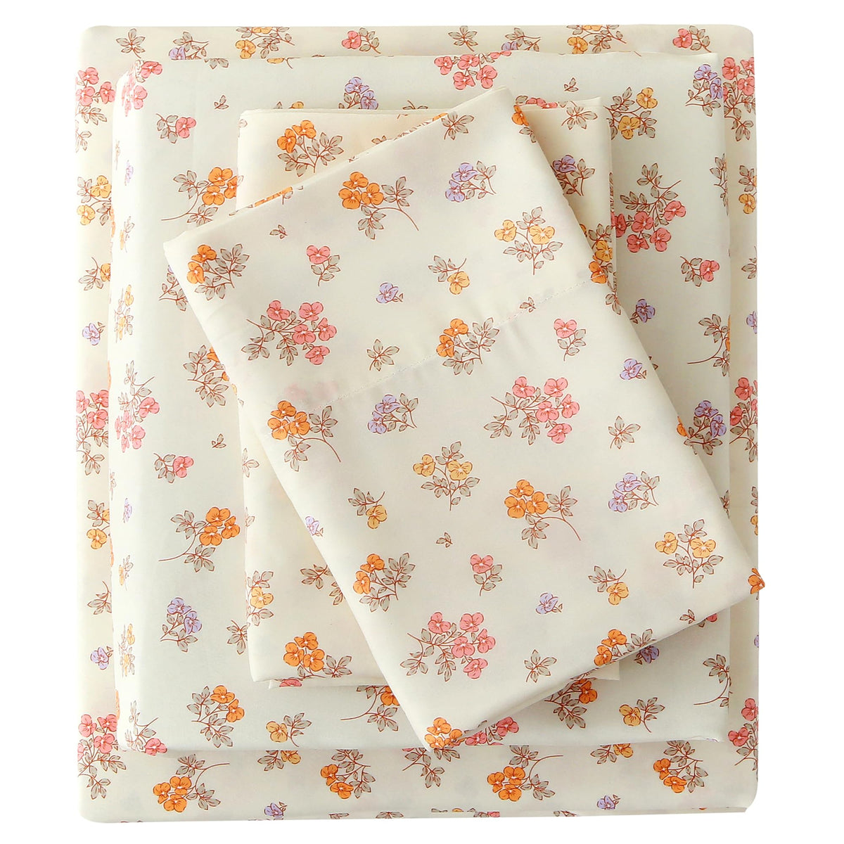 Warm Orange Pink Blossom Bed Sheet Set Deep Pocket Double Brushed Microfiber
