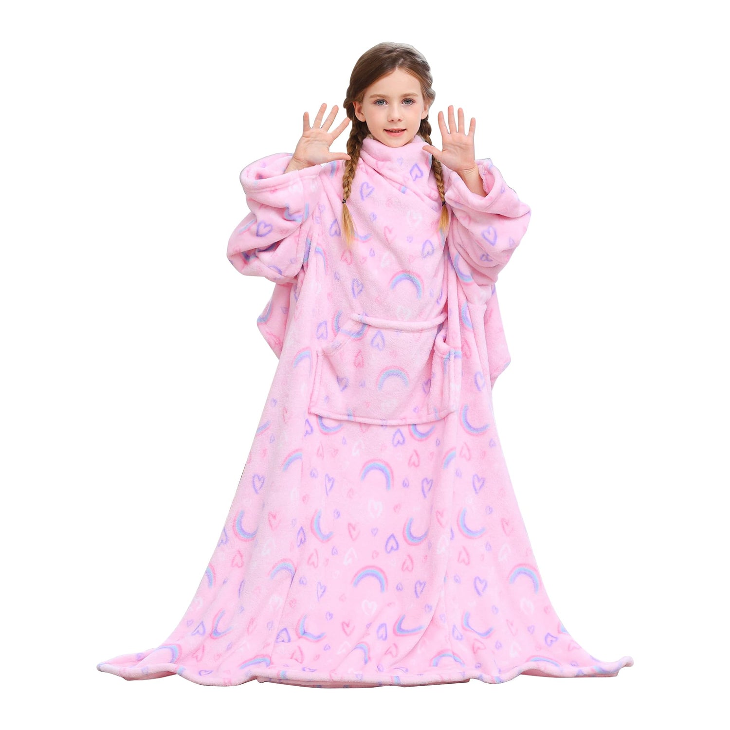 Pink Rainbow Kids Wearable Fleece Blanket with Sleeves & Foot Pocket