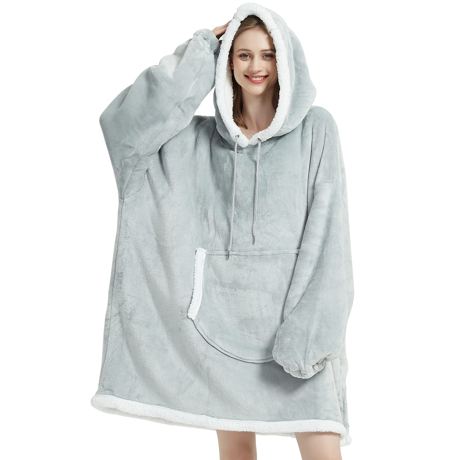 Grey Oversized Sherpa Fleece Wearable Blanket for Women & Men